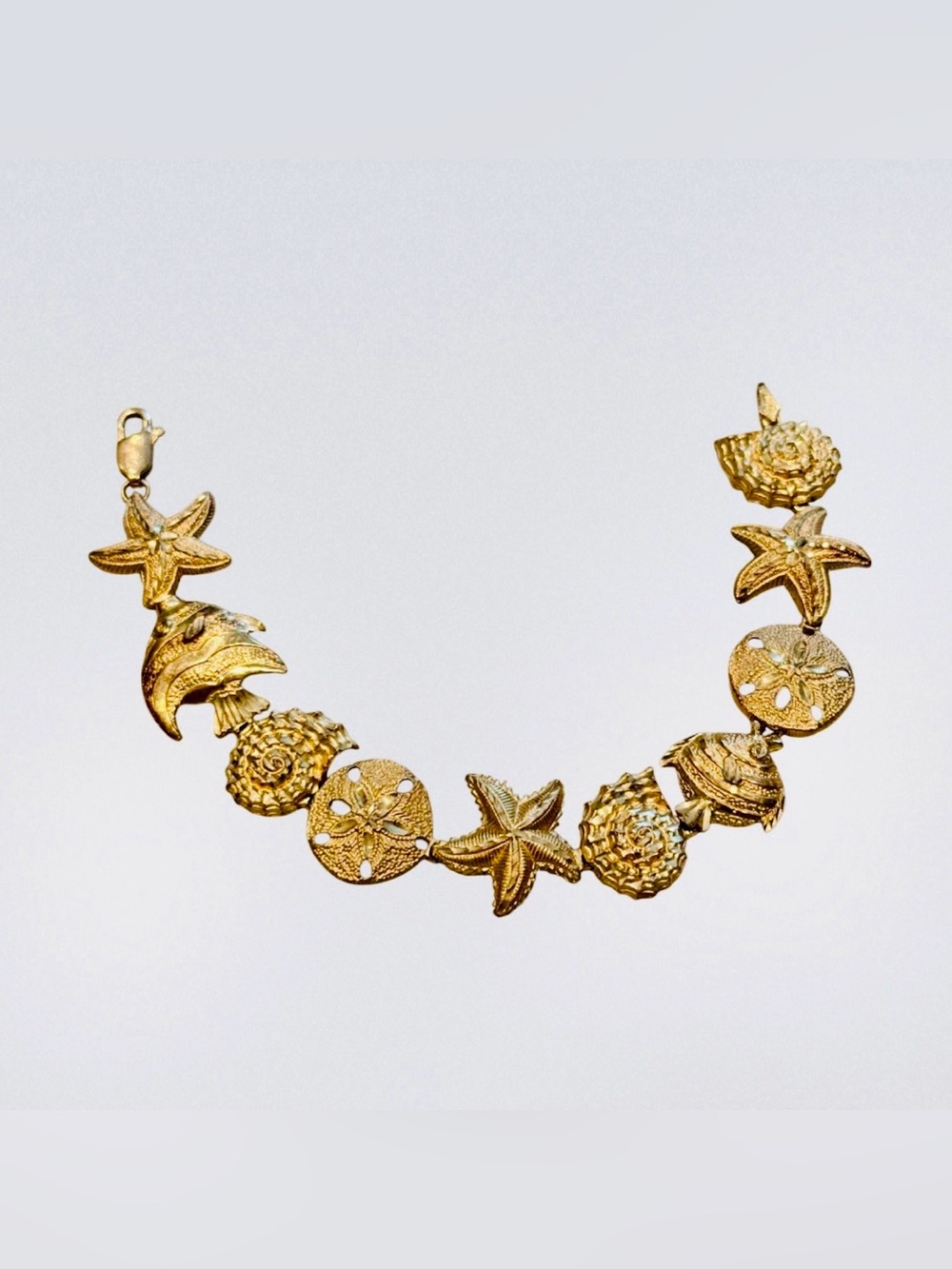 10K Solid Gold Sea Life Bracelet Fish Starfish SandDollar Shell 7.5" Heavy 17.8g